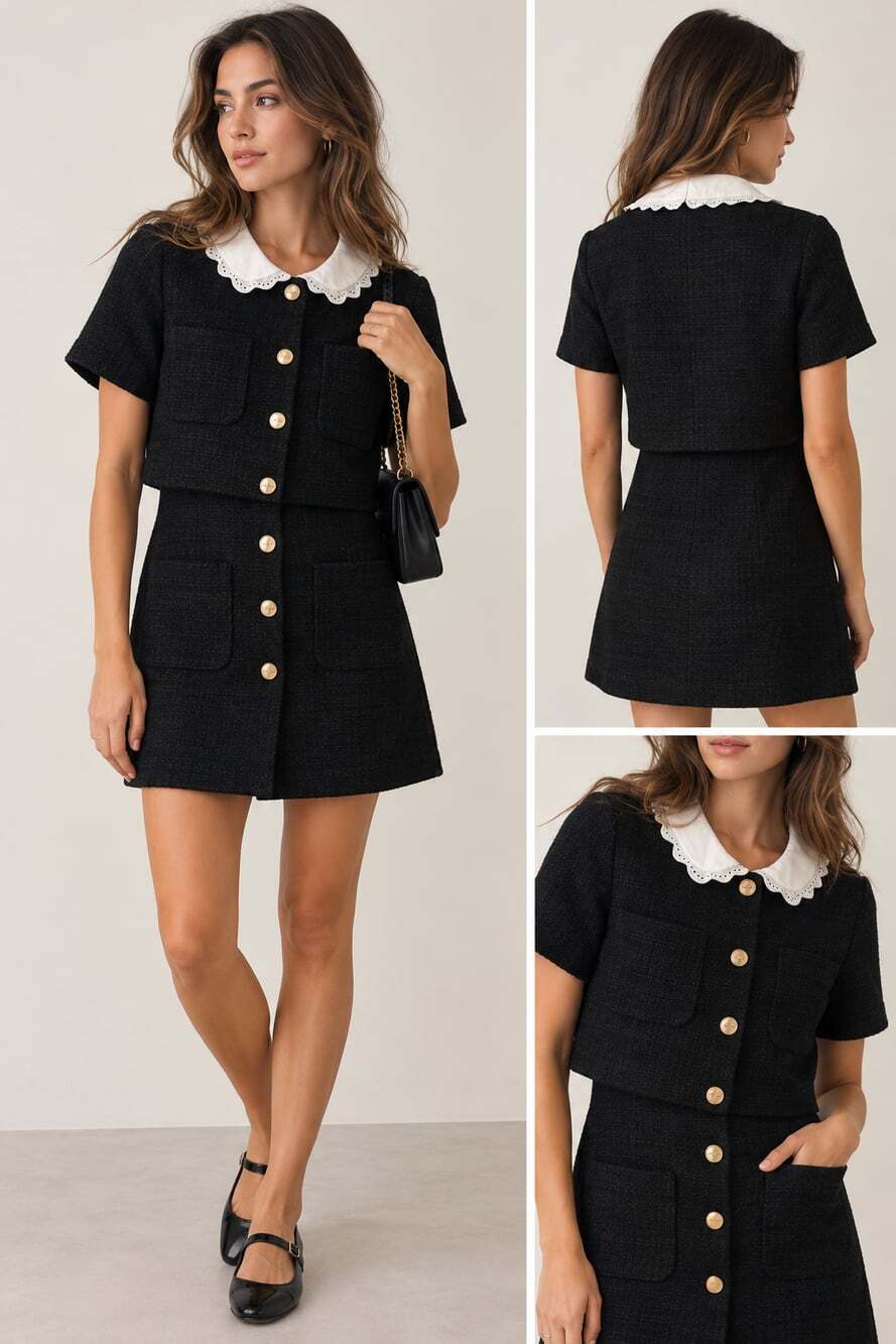 Sandro Paris Black Tweed Mini Dress White Lace Collar Gold Buttons Size Small